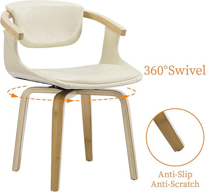 Art Leon Desk Chair No Wheels, Mid Century Modern Swivel Accent Chair, Faux Leather Home Office Desk Chair for Small Spaces Living Room Bedroom, Off White