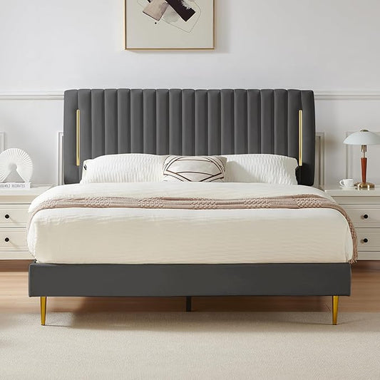 Queen Platform Bed Frame, Velvet Upholstered Bedframe with Vertical Channel Adjustable Headboard, Golden Plating Trim, Mattress Foundation with Wooden Slats, No Box Spring Needed, Grey