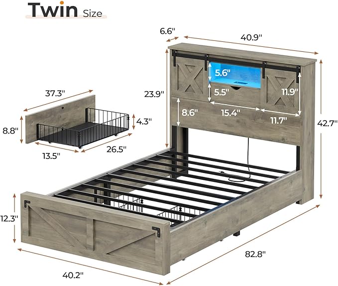 Hasuit Farmhouse Bed Frame Twin Size with 2 Storage Drawers, Wooden Platform Twin Bed with LED Lights and Charging Station, Rustic Accent Headboard with Sliding Barn Door Storage Cabinets