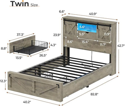 Hasuit Farmhouse Bed Frame Twin Size with 2 Storage Drawers, Wooden Platform Twin Bed with LED Lights and Charging Station, Rustic Accent Headboard with Sliding Barn Door Storage Cabinets