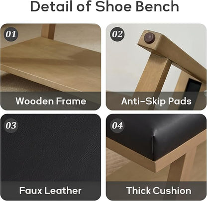 45" Entryway Bench Upholstered Storage Bench for Bedroom Shoe Rack Bench for Living Room, Hallway, Mudroom, Balcony, Sturdy Indoor Bench Seat Holds Up to 300 lbs (PU-Black)
