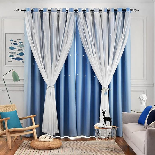 Star Curtains for Living Room Drapes for Bedroom Blackout Curtains for Bedroom Kids Curtains Double Layer Curtains Curtains 96 Inches Long 2 Panels Set, Blue Curtains, 52 X 96 Inches