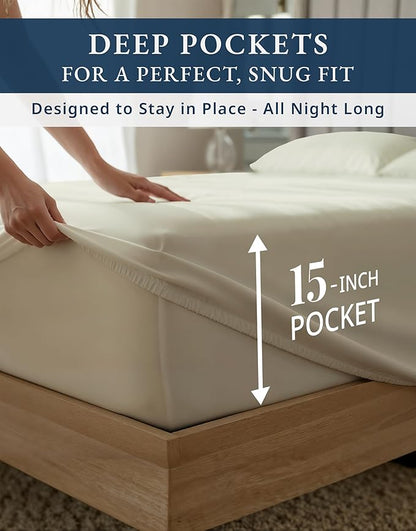 100% Egyptian Cotton Queen Size Sheets – Premium 1000 Thread Count Sheets, 15" Deep Pocket Queen Sheet Set, Silky Sateen Weave, Breathable & Fade Resistant, Soft Luxury Bedding For Holiday Home -Linen