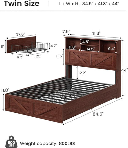 AOGLLATI Twin Bed Frame with 4 Storage Drawers and Charging Station, Farmhouse Wooden Led Twin Bed with Storage Hidden Space Headboard and Metal Slats,Mahogany