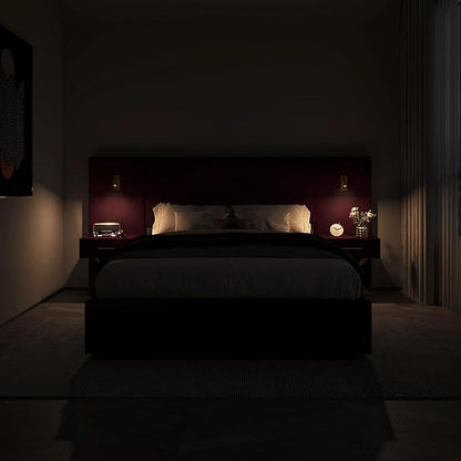 DEINPPA Luxury Queen Bed Frame with Built-in Gold LED Lights and Nightstands, Queen Size Platform Bed with Oversize Upholstered Headboard, No Box Spring Needed-Burgundy