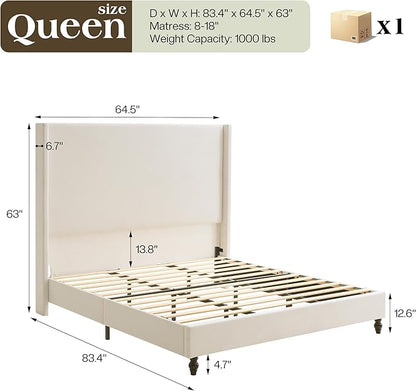 Queen Bed Frame with 63" Tall Headboard, Horizontal Fine Corduroy Bed Frame with Wingback, Upholstered Platform Bed, Vintage Solid Wood Gourd Legs, No Box Spring Needed, Cream