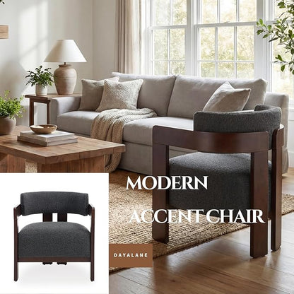 Barrel Accent Chair, Cozy Upholstered Living Room Chair for Bedroom, Walnut Wood Frame, Vintage Modern Lounge Reading Chair for Apartment Waiting Room Office,1 PCS, Charcoal