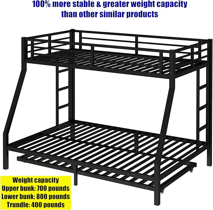 LUXIEE Upgraded & Stronger Heavy Duty Steel Twin Over Full Bunk Bed Frame, More Stable Safer Thickened Metal Bunkbeds with Twin Size Trundle (Twin Over Full)