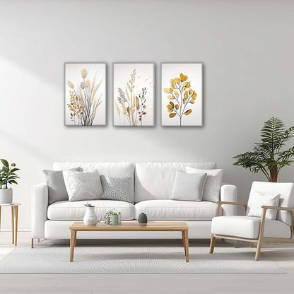 YCJKJDZ Beige Botanical Wrapped Canvas Wall Art Set of 3, Boho Watercolor Wildflower Pampas Grass Poster Neutral Leaf Art Fall Nature plant Prints for Living Room, Bedroom, Office, – 16x24 in