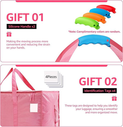 Moving Bags Heavy Duty Extra Large, Moving Boxes, Moving Supplies Essentials,Storage Bins with Lids, Plastic Packing Totes, Storage Bags for Clothes with Handles & Zippers(Pink, 4 Pack)