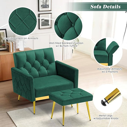 Velvet Accent Chair w/Adjustable Armrests and Backrests, Tufted Single Armchair w/Ottoman, Upholstered Reading Chiar for Living Room, Apartment, Bedroom, Green