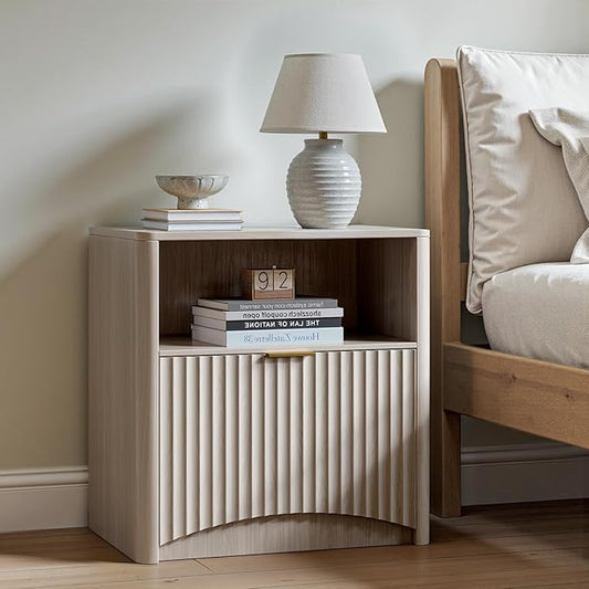 Evermagin Fluted Nightstand, Bedside Table with Drawer and Storage, Wood End Table Mid Century Modern, Large Night Stand for Bedroom, White Alder