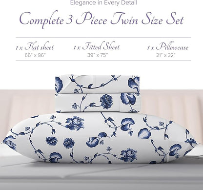 Carressa Linen 100% Egyptian Cotton Printed Bed Sheets - 600 Thread Count 3 PC Twin Sheet Set, Hotel Luxury Sateen Bedsheets, 16" Deep Pocket Soft Cooling Sheets for Twin Size Bed - Floral Blue