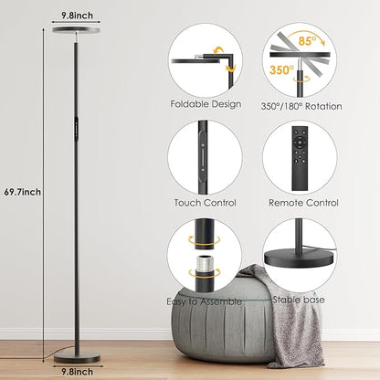 Floor Lamps for Living Room, 32W 3000LM Super Bright LED Torchiere Floor Lamp with Remote & Touch Control, 69" Modern Tall Standing Lamp with 350°Rotating Head for Reading Office Bedroom (Black)