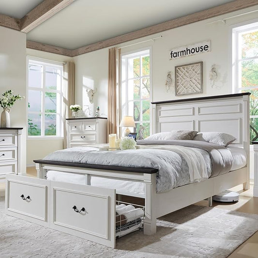 Farmhouse Queen Size Bed Frame with 51" Tall Headboard, Wood Platform Bed Frame with 20" Tall Roman Column Decoration Footboard & 2 Large Storage Drawers, No Box Spring Needed (White)