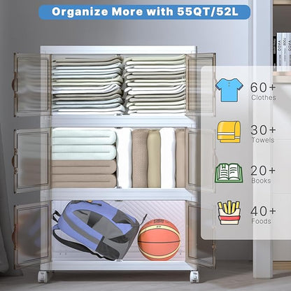 Extra Large Stackable Storage Bins with Lids&Wheels,165QT-55QT/14GAL*3Pack Collapsible Container Closet Organizers,Plastic Stackable Storage drawers for bedroom Dorm