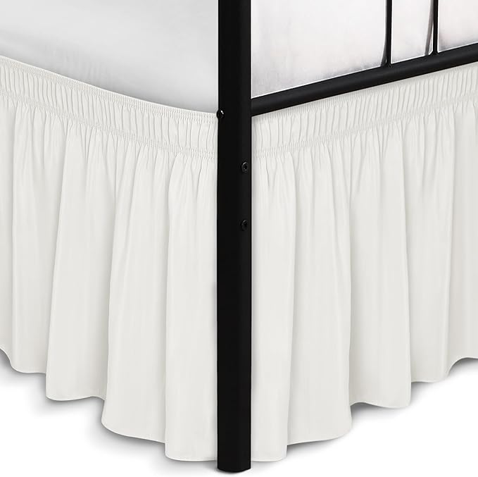 Biscaynebay Wrap Around Bed Skirts with Split Corners for Queen Beds 16" Drop, Ivory Elastic Dust Ruffles Adjustable Easy Fit Wrinkle & Fade Resistant Silky Luxurious Fabric Machine Washable