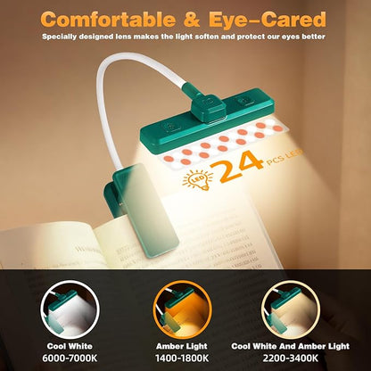 VAVOFO Rechargeable Book Light Rotatable：24 LEDs Reading Light, 3-Color & 9-Brightness Book Lamp, Eye Cared 120Hrs Runtime Lightweight Clip on Led Light for Book Lovers (Green)