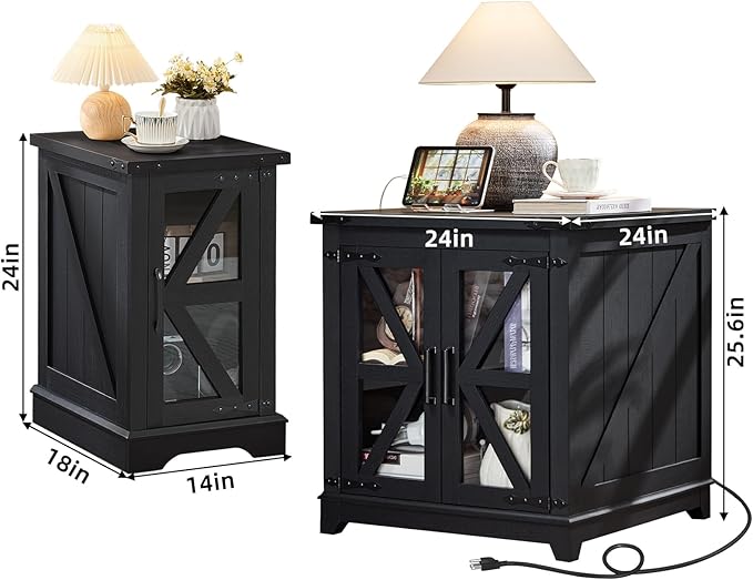 Farmhouse End Table Set 2, Narrow 18'' Night Stand with Glass Barn Door, 24" Square Side Table with Charger Station, Living Room Furniture Sets, Wood Nightstand Bedside Tables for Bedroom