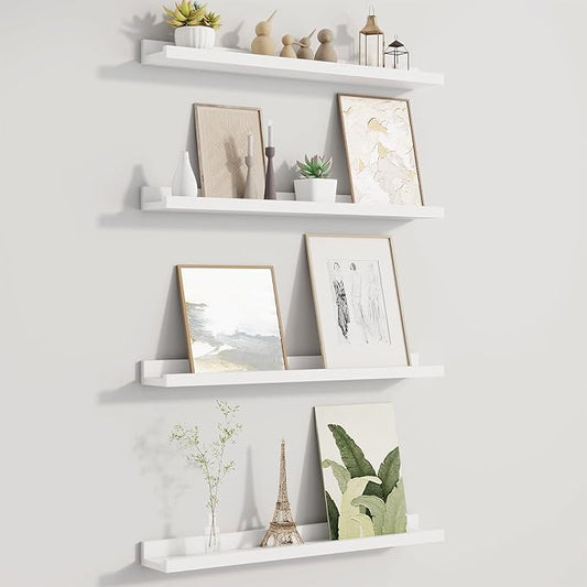 Fun Memories Picture Ledge Shelf for Wall, Floating Shelves Set of 4, 24 Inch Long Nursery Book Shelves for Toys Storage, Kids Bookshelf Wall Mounted for Books Photo Frames, White