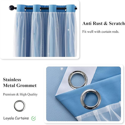 Star Double Layer Blackout Curtains for Bedroom, Kids - Cute, 96 Inches Long, 2 Panels Set, Blue, 42 X 96 Inches