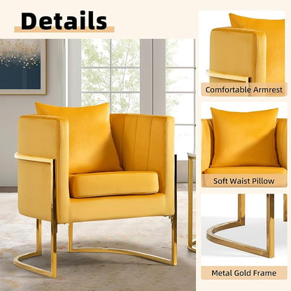 Velvet Modern Accent Chair, Upholstered Barrel Armchair Mid Century with Pillow for Living Room, Comfy Single Vanity Chair with Metal Gold Legs for Bedroom, Yellow