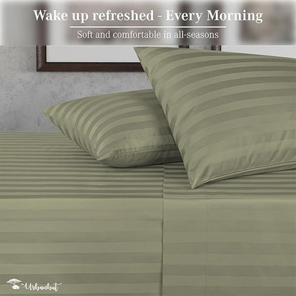 URBANHUT 800 Thread Count 100% Cotton Damask Queen Size Sheets, 4 Piece Striped Queen Size Bedsheets, Luxury Hotel Sheets Sateen Weave - Better Than Egyptian, 16" Elasticized Deep Pocket- Sage