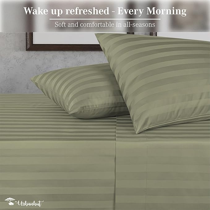 URBANHUT 800 Thread Count 100% Cotton Damask King Size Sheets, 4 Piece Striped King Size Bedsheets, Luxury Hotel Sheets Sateen Weave - Better Than Egyptian, 16" Elasticized Deep Pocket- Sage