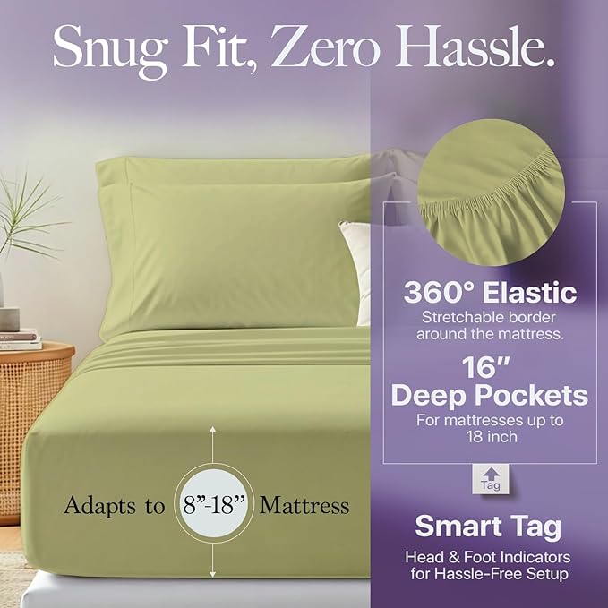 Carressa Linen Split King Sheets Sets for Adjustable Bed - 100% Egyptian Cotton 600 Thread Count 5 PC Top Split King Sheet Set (Sage Green), 16" Deep Pocket Silky Soft Cooling Luxury Hotel Sheets