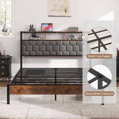 King Size Bed Frame with Storage Headboard & Charging Station, Platform Bedframe with LED Lights, Upholstered Headboard, Metal Slat Support, No Box Spring Needed