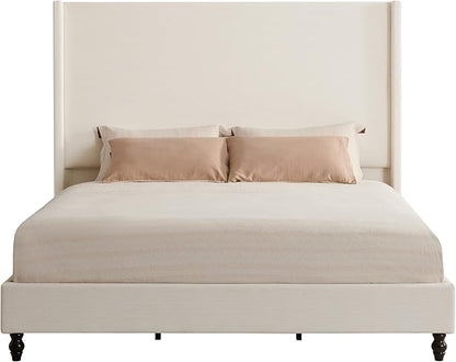 Queen Bed Frame with 63" Tall Headboard, Horizontal Fine Corduroy Bed Frame with Wingback, Upholstered Platform Bed, Vintage Solid Wood Gourd Legs, No Box Spring Needed, Cream