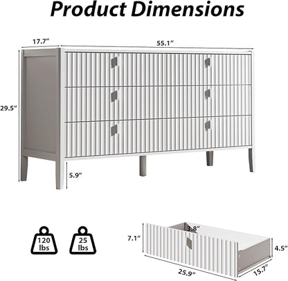 Fluted 6 Drawer Dresser for Bedroom, 55.1" Wide Modern Chest of Drawers with Solid Wood Legs, Versatile Storage Cabinet for Living Room, Office, Hallway, White
