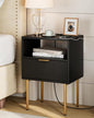Masupu Nightstand with Charging Station,Mid-Century Modern Bedside Table with Storage Drawer and Open Wood Shelf,Small Gold Frame Side Table for Bedroom,Living Room (Black)