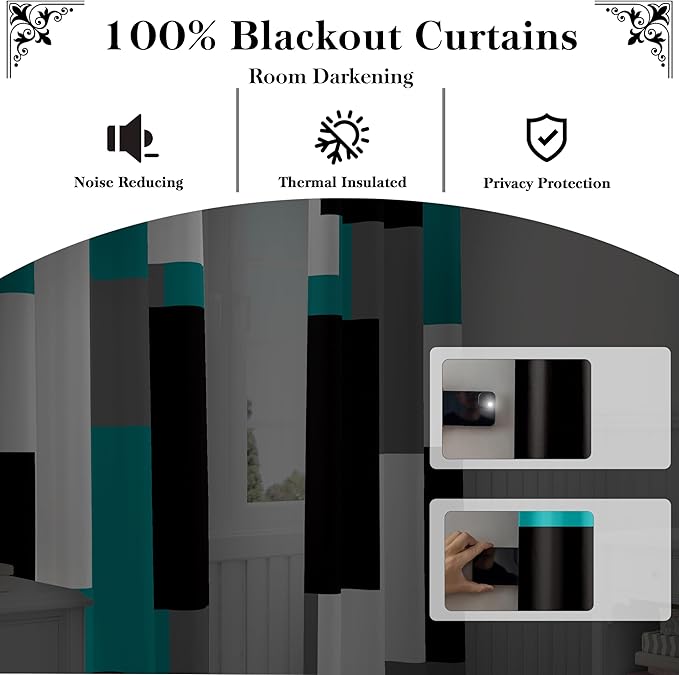 Teal/Turquoise 100% Blackout Curtains for Bedroom 63 inch Length 2 Panels Set Black White Grey Modern Abstract Geometric Black Out Curtains Room Darkening Window Drapes for Living Room, 52Wx63L
