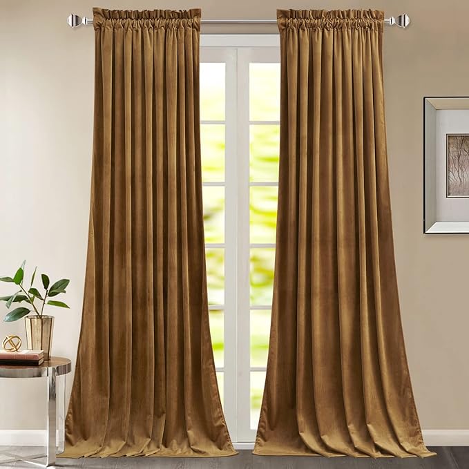 StangH 120 inches Curtains Gold Brown Blackout Velvet Drapes for Bedroom, Retro Thermal Insulated Light Blocking Window Curtains for Living Dining Room, W52 x L120, 2 Panels
