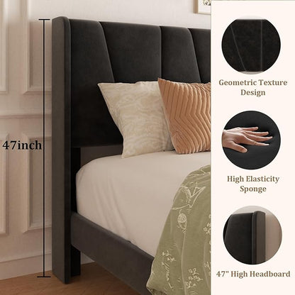 Queen Bed Frame with Storage Drawers, Upholstered Queen Size Platform Bed with 47" Tall Headboard and Wingboard, No Box Spring Needed, Noise Free, Easy Assembly, Wooden Support Slats, Black