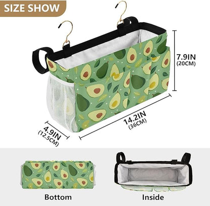 Bedside Caddy Hanging Bunk Bed Caddy Bed Organizer Hanging Pocket with 2 Hooks Bedside Storage Organizer Pocket Bag Holder Green Avocado and Leaf