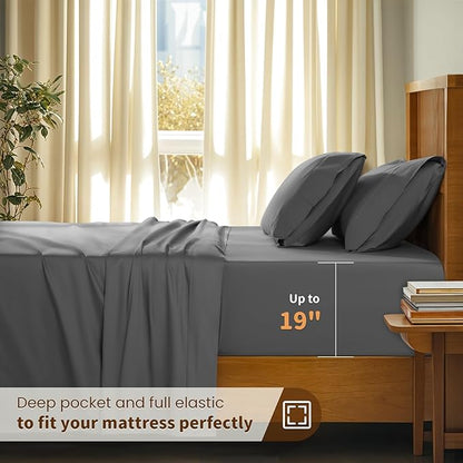 LBRO2M 100% Cotton Sheets Set Deep Pocket 19", 1000 Thread Count Full Size 4 Piece Bed Sheet Sets Soft Comfortable Bedding All Season (Full, Dark Grey)