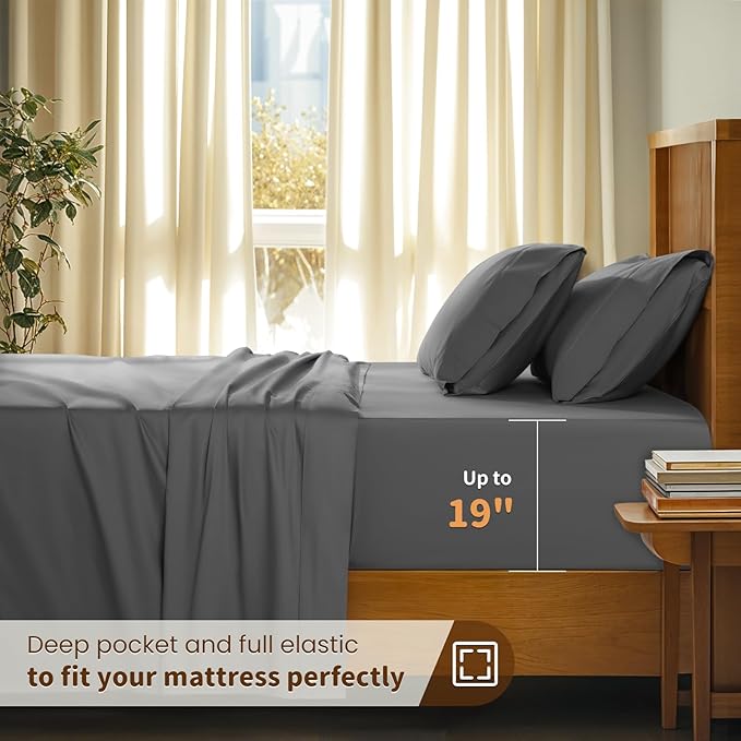 LBRO2M 100% Cotton Sheets Set Deep Pocket 19", 1000 Thread Count King Size 4 Piece Bed Sheet Sets Soft Comfortable Bedding All Season (King, Dark Grey)