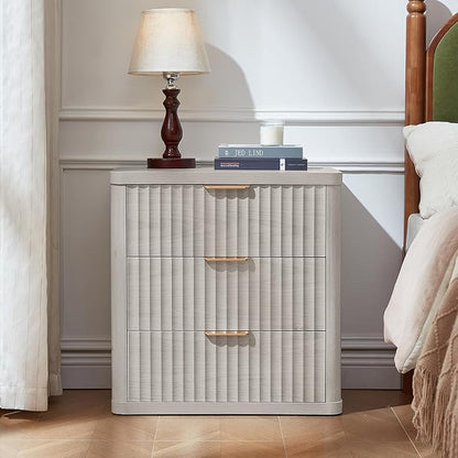 LEYAOYAO 23" Wide Fluted Farmhouse Night Stand Set of 2 with Charging Station, 3 Drawers Large End Table w/Metal Handle, LightGrey Nightstand Bedside Table,Wood Dresser for Bedroom, Closet