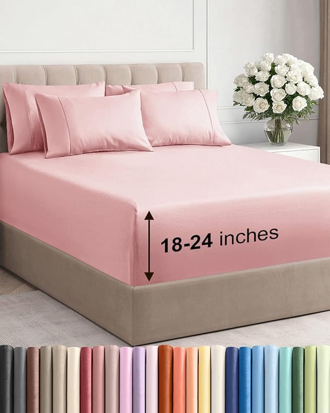Extra Deep Cal King Sheet Set - 6 Piece Breathable and Cooling Sheets - Hotel Luxury Bed Sheets Set - Easy Fit - Soft, Wrinkle Free and Comfy Sheets Set - Baby Pink Sheet Set with Extra Deep Pockets
