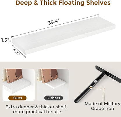 40 Inch Floating Shelves for Wall, 9.3 Inch Deep Shelves for Books & Decor, Wall-Mounted Floating Shelf 40 Inch Long Set of 2, Rustic Wooden Shelf for Living Room, Bedroom, Kitchen, White