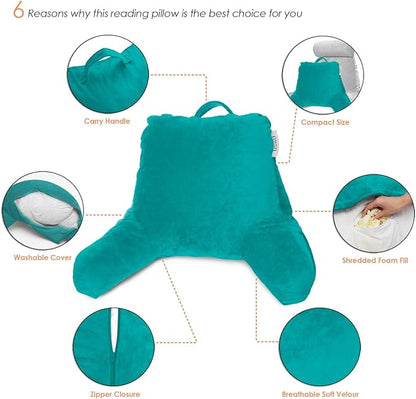 Nestl Reading Pillow with Shredded Memory Foam, Designed for Sitting Up in Bed and Couch, Back and Arms Adjustable Support for Adult & Teens Backrest Pillows for Reading, with Washable Cover Teal