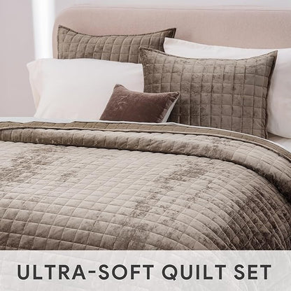 RECYCO Luxury Velvet Quilt Set King Size Bedding Sets, Ultra Soft Velvet Comforter Set, Lightweight Channel Box Stitch Oversized Bedspread Coverlet for All Season, with 2 Shams, Mocha Brown