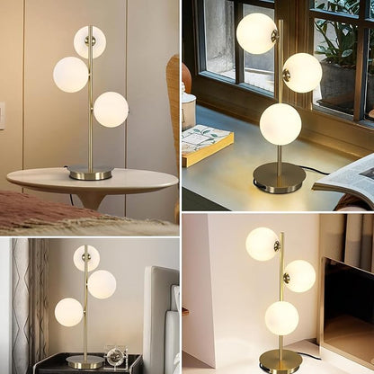 Modern Glass Globe Table Lamp 3 Lights Mid Century Small Gold Desk Lamp Contemporary Minimalist Brass Bedside Table Lamps with White Glass Shade Reading Lamp for Bedroom Office G9 MTL03-W