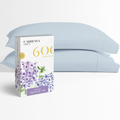Carressa Linen 100% Egyptian Cotton King Size Pillow Cases Set of 2 - Luxury 600 Thread Count King Pillowcases (Light Blue), Silky Soft, Cooling, Breathable Sateen Weave Hotel Quality Bed Pillow Cover