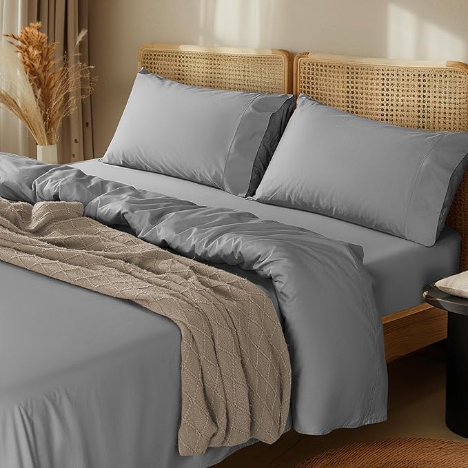 LBRO2M 100% Cotton Sheets Set Deep Pocket 24", 1000 Thread Count Queen Size 4 Piece Bed Sheet Sets Soft Comfortable Bedding All Season (Queen, Gray)