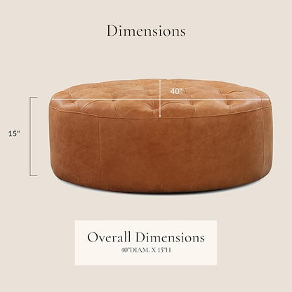 POLY & BARK Ascot Ottoman – 40" Round Pouf with Feather-Down Topper – Full-Grain Leather Upholstered Pouf Ottoman for Living Room – Vintage Italian Leather in Cognac Tan