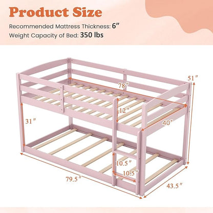 KOMFOTT Low Bunk Bed Twin Over Twin, Solid Wood Twin Bed Frame with Built-in Ladder & Safety Guardrails, Space-Saving Low Bunk Bed for Kids, Teens, No Box Spring Needed