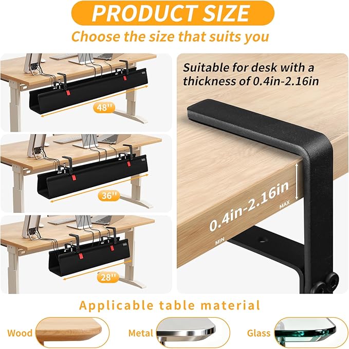 No Drill Under Desk Cable Management Tray, 48" Cord Organizer with Clamp, Fabric Cable Management for Standing Desks, Ideal for Home & Office - Black